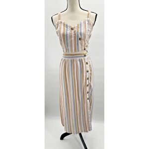 Aeropostale Large Striped Linen Midi Skirt Set Button Front Crop Tank Boho Beach